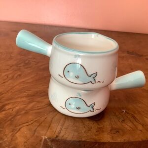 Ceramic  Miniature Individual Milk Creamers Syrup 2oz Whale Light Blue Handle